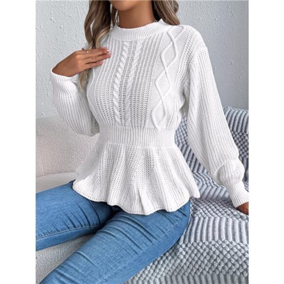Cable Knit Round Neck Peplum Sweater - Picture 2 of 16